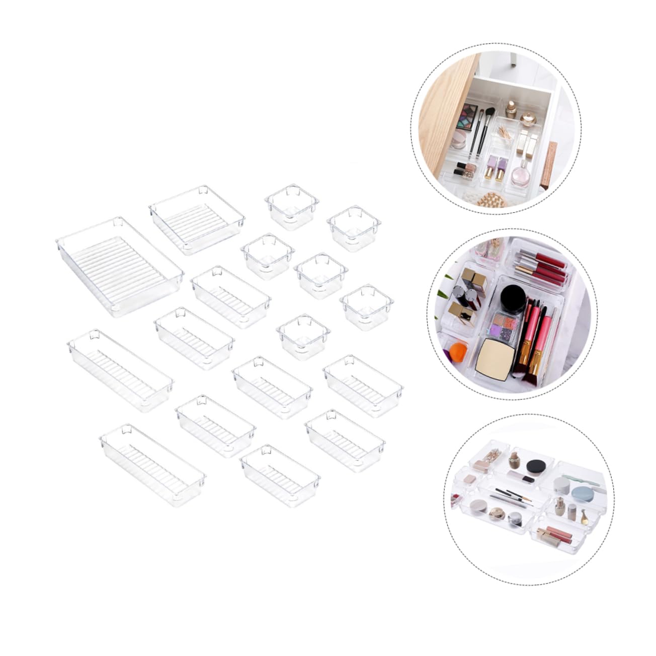 NUOBESTY Set 17 Pezzi di Organizer per Cassetti in Acrilico Trasparente, Divisori Modulari per Cosmetici e Scrivania, per Camera da Letto e Bagno