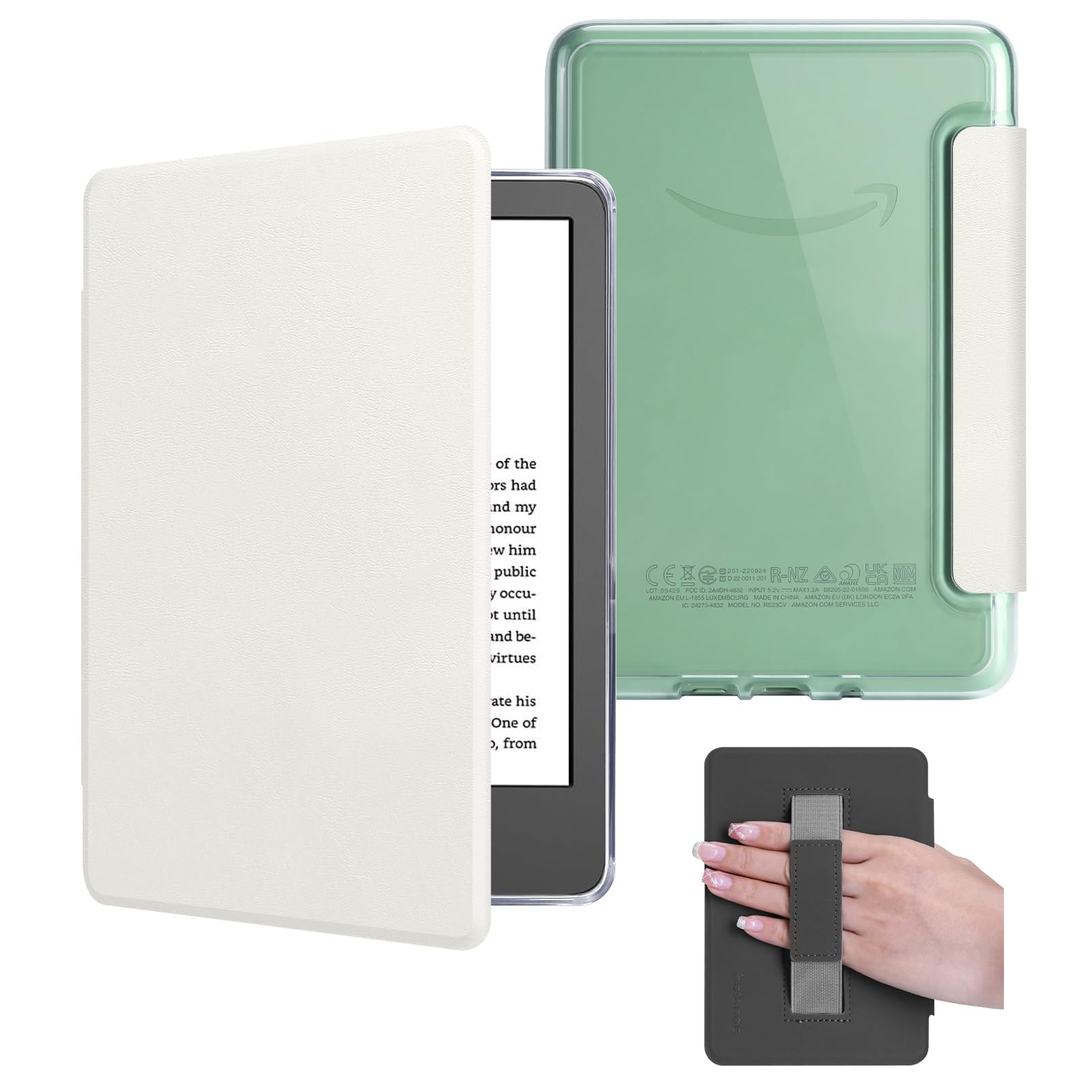 Schutzhülle für Kindle 15,2 cm (6 Zoll), Version 2024/2022 (11 Generation), leichtes PU-Leder und transparente Hartschale mit Handschlaufe, automatischer Schlaf-/Wachmodus, Cremeweiß
