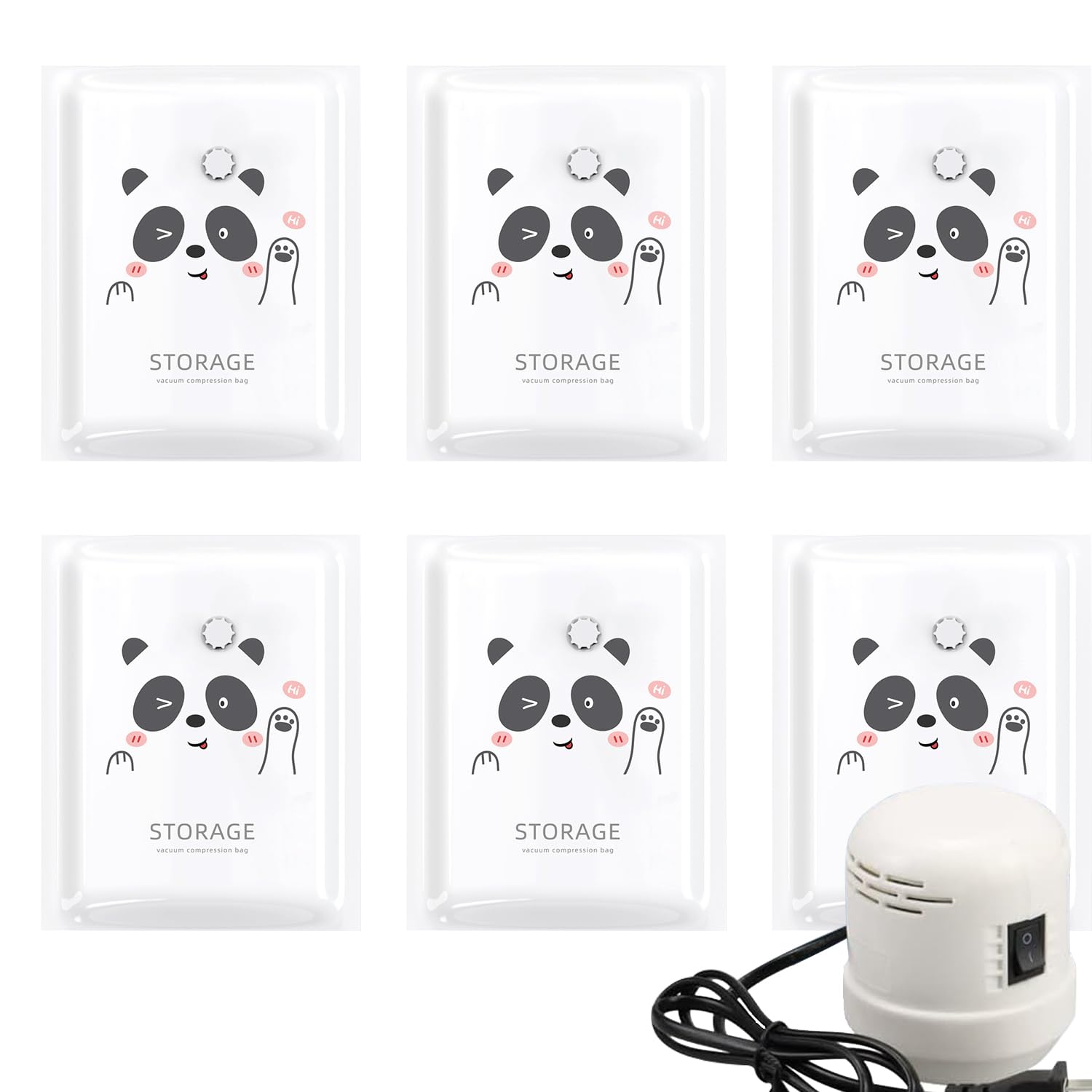 NIBEMINENT Vacuum Storage Bag with Electric Pump,6 Pack of Storage Bags 2 x Jumbo,2 x Large,2 x Medium,Space Saver Bags for Clothes,Quilt,Pillows,Duvet (6pack, panda) 6 Pack Panda