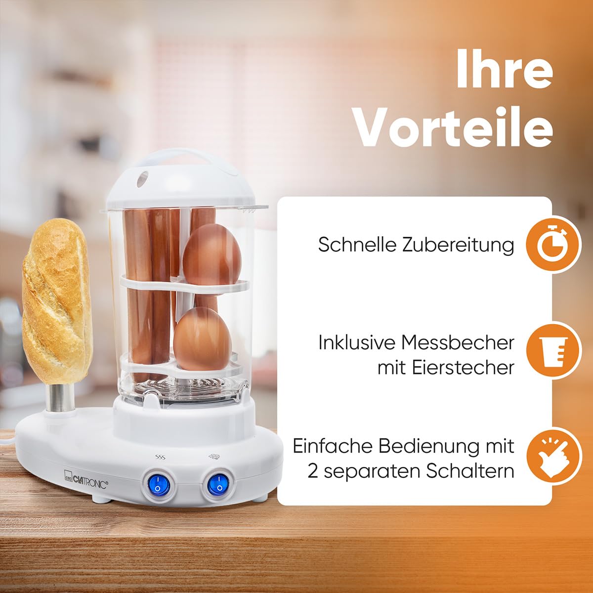 Clatronic 2in1 Hot Dog Maker & Egg Cooker | Set Hotdog Maker pour 1-14 saucisses | Egg Cooker pour jusqu'à 6 œufs | avec broche chauffante en acier inoxydable | avec gobelet gradué et pic à œufs
