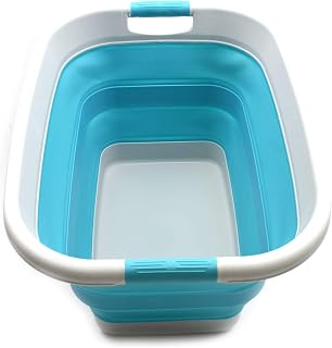 SAMMART 37L (9.77 Gallon) Collapsible Plastic Laundry Basket - Foldable Pop-Up Storage Container/Organizer - Portable Washing Tub - Space Saving Hamper/Basket (1, Grey/Bright Blue)