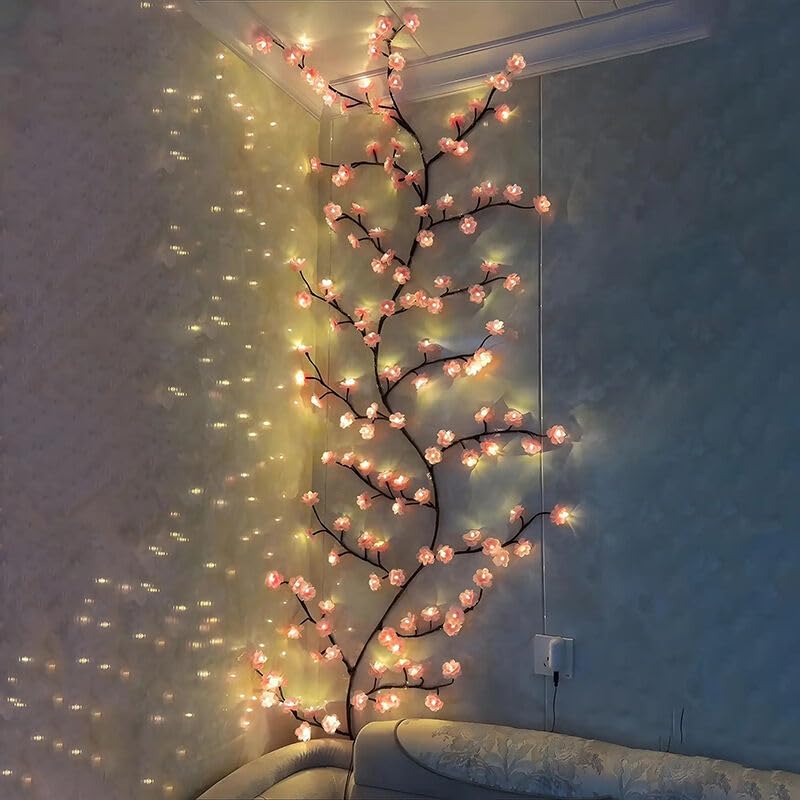 LED Kirschblüten Zweige Lichter, Kirschblüten LED Wand, Sakura Vine Wand Deko, Warmweiss Rattan Lichterkette Wanddeko mit Fernbedienung für Schlafzimmer Deko Weinachtsdeko (72LEDs, 1.6Meter) – Bild 2