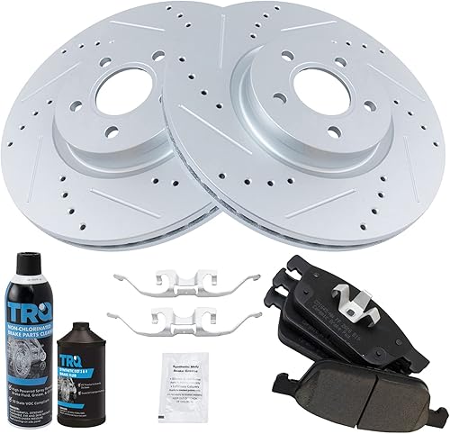 TRQ Kit de pastillas de freno de cerámica Posi Front Premium y Rotor Performance con productos químicos