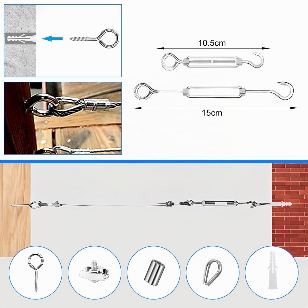 Kit de Cable de Acero Inoxidable 35m 3mm | Cable Acero Plastificado 74 Piezas con Cortador de Cable de Alambre, Tensores y Abrazaderas etc para Crear Tendederos y Vallas con Seguridad