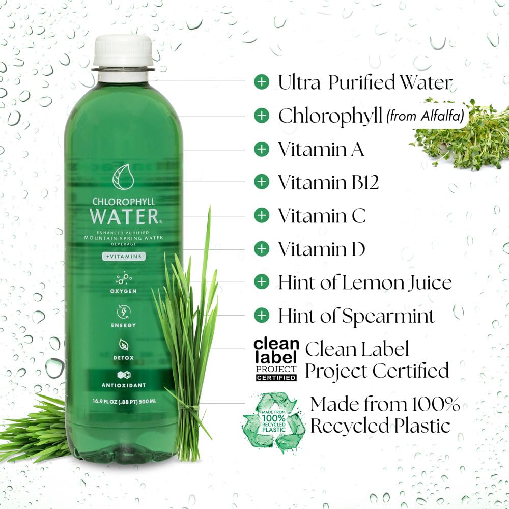 Chlorophyll Water (6-pack) Certified Clean Label, Chlorophyll Liquid Drops in Purified Water, Beauty Drink for Glowing Skin, Anti-Aging & Natural Detox with Plant-Based Vitamins A, B12, C, D3 (16.9oz)