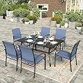 HERA'S HOUSE 7 PCS Patio Dining Set Outdoor Table Chairs, Large Table with Double Umbrella Hole and 6 Chairs, Patio Table and Chairs Set for Backyard, Porch, Deck (Blue)