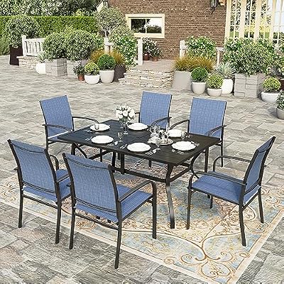 HERA'S HOUSE 7 PCS Patio Dining Set Outdoor Table Chairs, Large Table with Double Umbrella Hole and 6 Chairs, Patio Table and Chairs Set for Backyard, Porch, Deck (Blue)