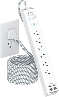 Addtam 10FT Extension Cord Power Strip: 6 AC Surge Protector Outlets, 4 USB Ports (2 USB-C Fast Charge), Flat Plug, Wall Mountable for Home Office Dorm