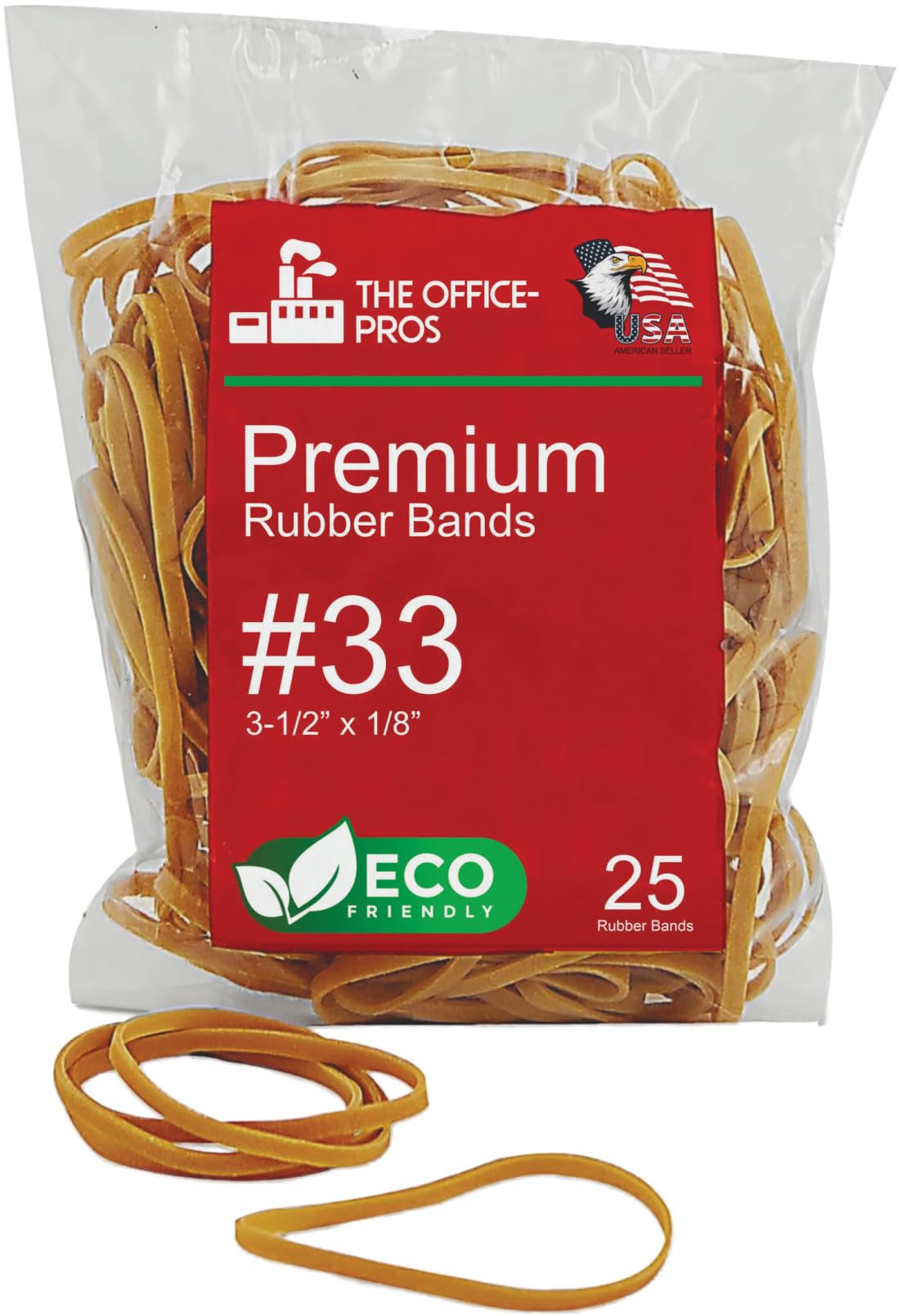 Rubber Bands, Eco Friendly Packaging, Size #33, Natural Crepe, Made in USA, Rubber Band Measurements: 3-1/2" x 1/8'' - 25 Bands