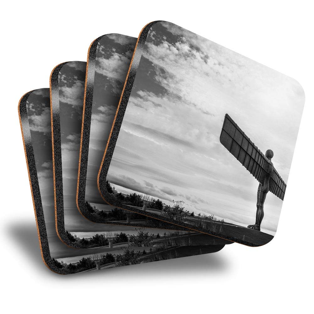 Destination Vinyl Ltd Great Coasters (Set of 4) Square - BW - Angel Of The North Newcastle England UK Drink Glossy Coasters/Tabletop Protection for Any Table Type #43632