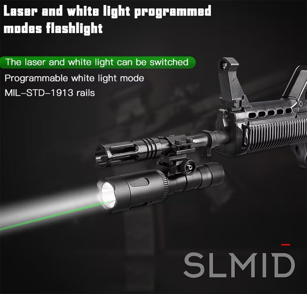 SLMID Laser Light Combo, 1200 Lumens Tactical Flashlight with Double Pressure Switch, 3 Programmable Modes, Green Beam Sight and Picatinny Mounted