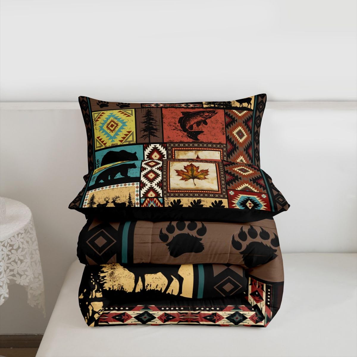 Homewish Western Rustykalny zestaw pojedynczej kołdry - zestaw pościeli na polowanie na farmę leśny okon ryba niedźwiedź jeleń zestaw kołdry - patchworkowa chata domek bez przykrycia kołdra