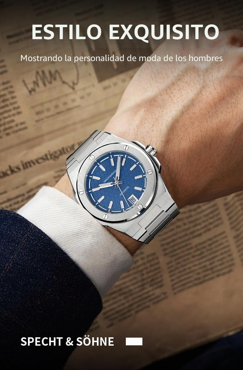 TACTO Specht & Söhne - Reloj deportivo de diseño único para hombre, Japón NH35 Movt, reloj de pulsera mecánico automático, color azul, cristal de zafiro resistente al agua hasta 50 m