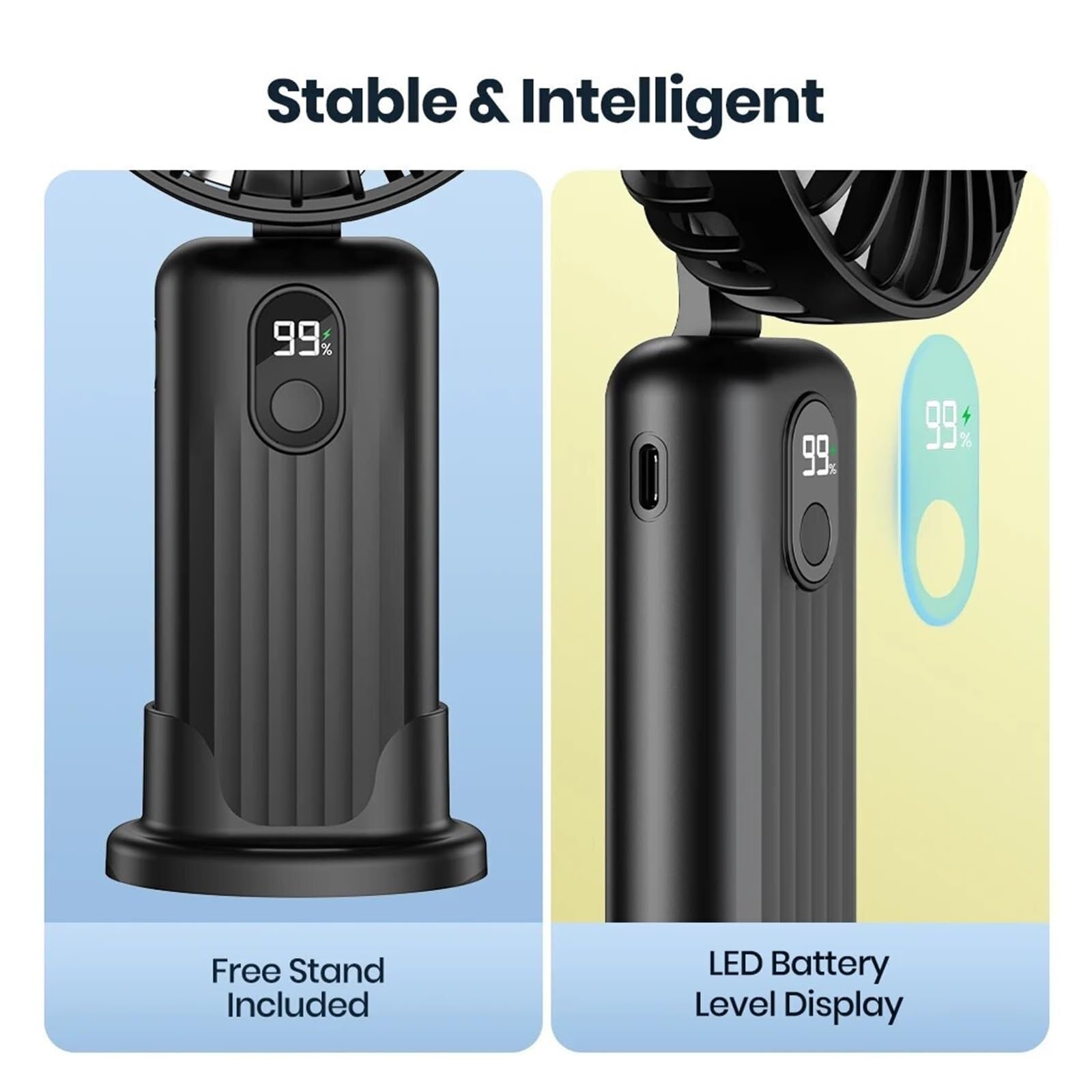 XJBTBA Ventilador portátil Mini Ventilador portátil USB Recargable Mano Cuello Ventilador 3 en 1 Ventilador eléctrico Personal Ventiladores de pie para habitación Camping Plegable (Azul 5000 mAh)