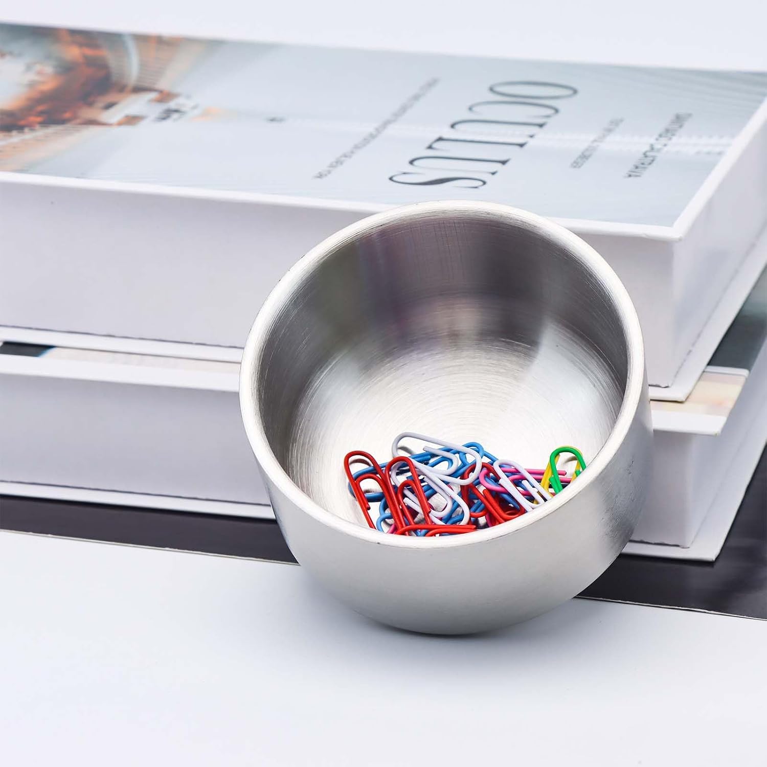 Silver Paper Clip Holder Paperclip Holders Paper Clips Dispenser Stainless Steel Paperclips Organizer Binder Clip Holder Round Bowl for Desk Office School Home (Silver, Tall Paper Clip Holder)