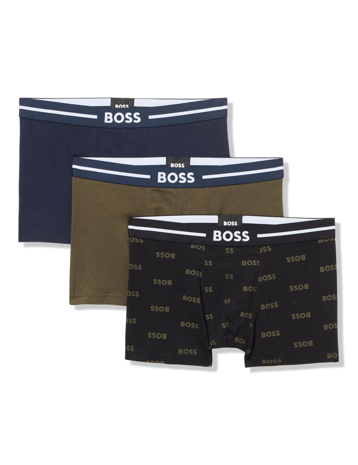 BOSS Men's 3-Pack Multi Design Trunks Swim, Bold Logo Black/Olive/Captain Navy, XXL