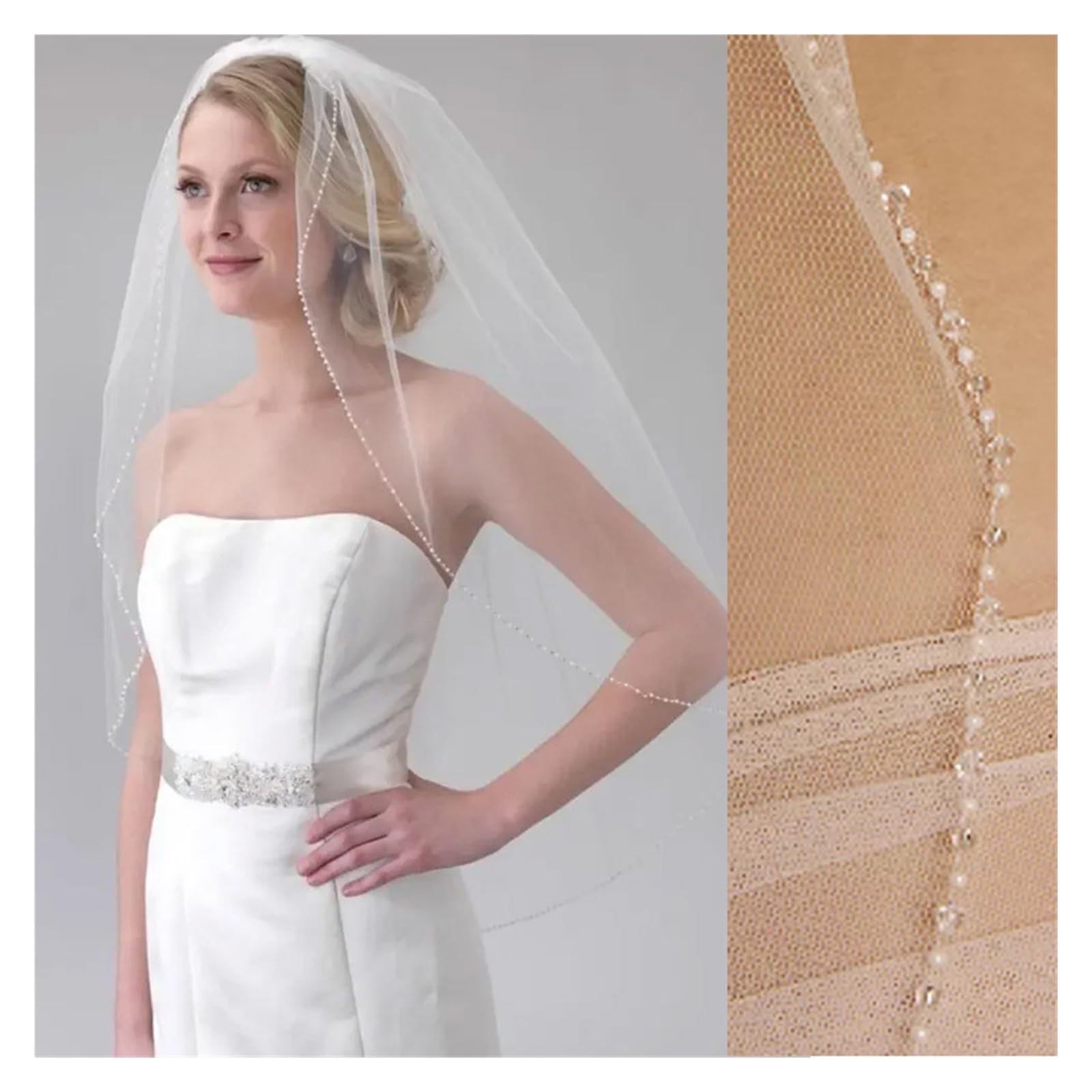 Weißer, elfenbeinfarbener, mit Kristallen besetzter Rand, 1-stöckig, Fingerspitzen-Hochzeitsschleier, Brautaccessoires, weicher Tüllschleier mit Metallkamm(Ivory,300cm)