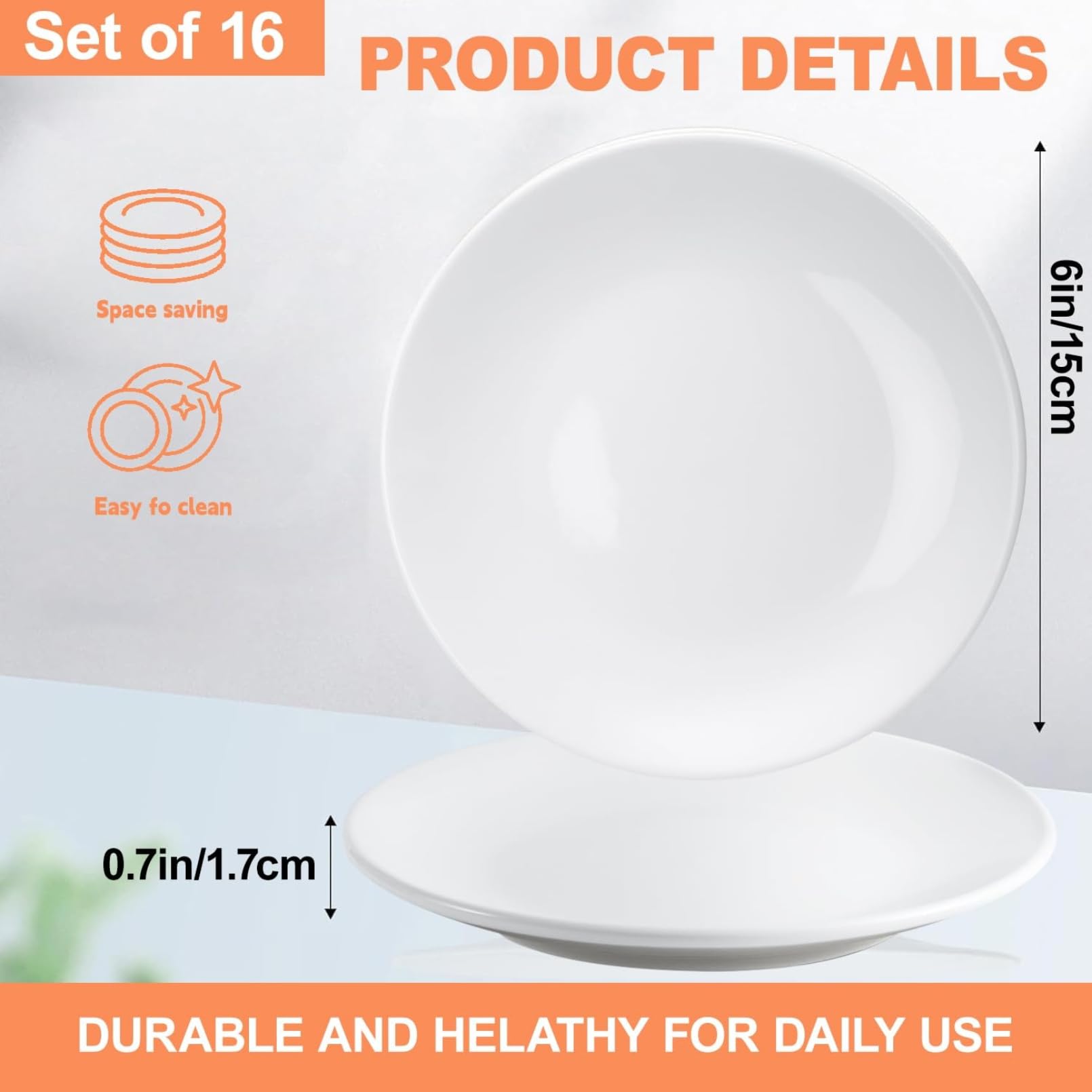 Lot de 16 assiettes à dessert rondes en porcelaine blanche de 15 cm
