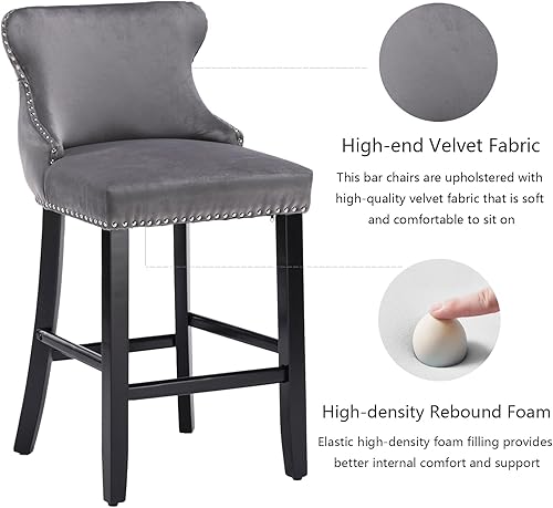 Miniatura 3 de Juego de 2 taburetes de bar de terciopelo gris, taburetes de bar de altura de mostrador de 26.7 pulgadas, taburetes de bar tapizados modernos con