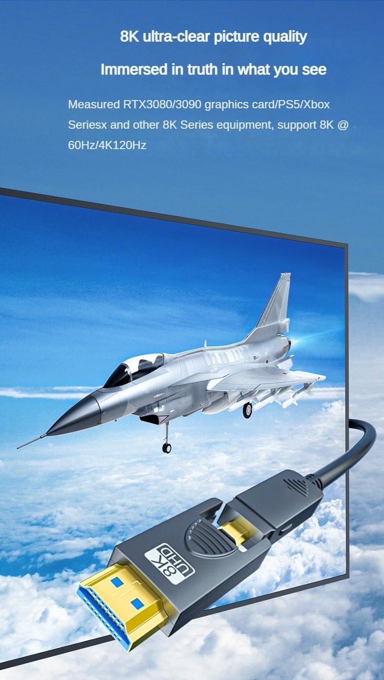 8K@60Hz Fiber Optic HDMI 2.1 Cable 3Meters, Single-Detachable Design for PC, Set-Top Box, Monitor, 48Gbps High-Speed