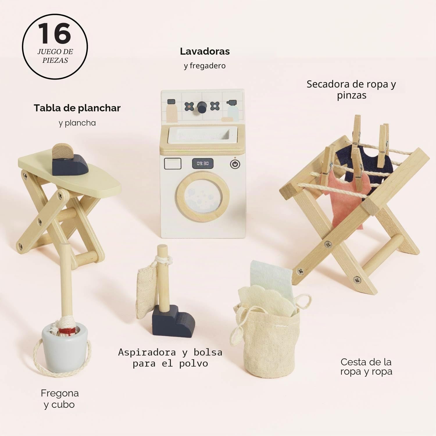 Le Toy Van - Set Lavadero de madera con accesorios | Set accesorio de casitas de muñecas de madera colección Daisylane | A partir de 3 años +