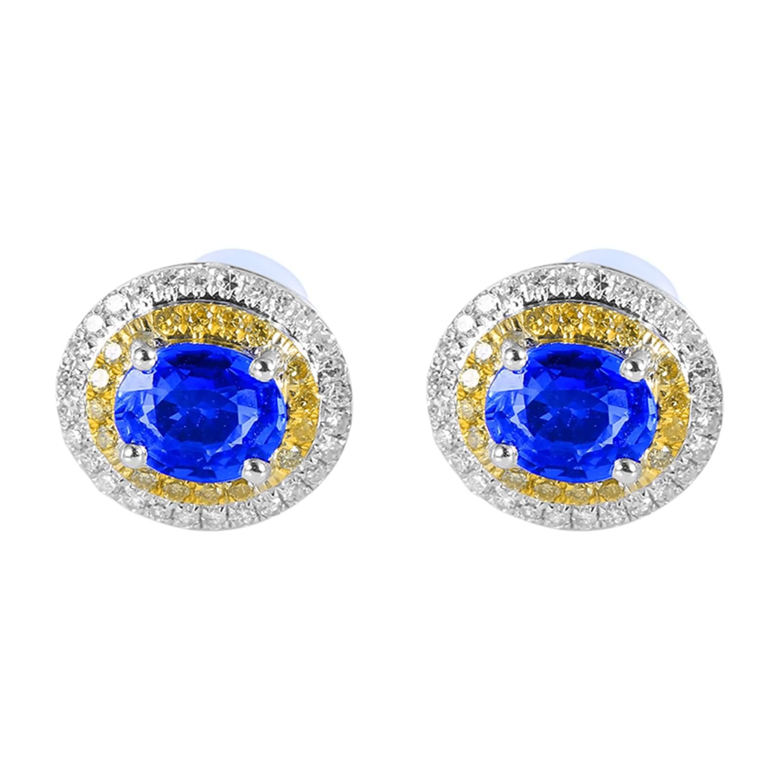 Pendientes para Mujer Oro Blanco 9 K / 14 K / 18 Kilates, Ovalado con Zafiro Creado y Moissanita, Pendientes de Mujer Plata Azul