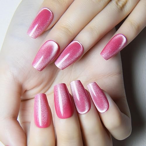 evpct Rose Pink Cat Eye Coffin Press on Nails Square