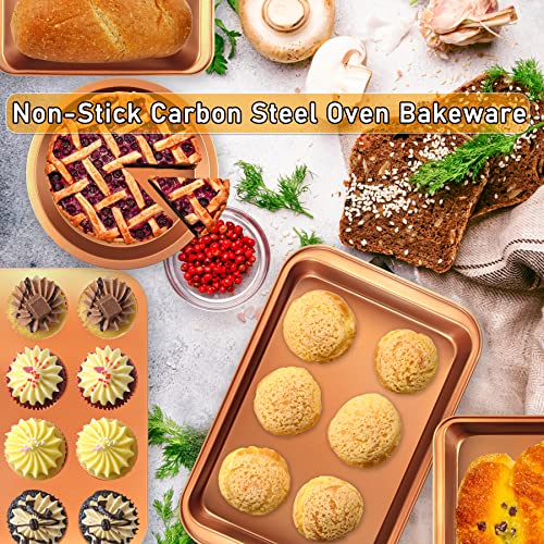 Nonstick Baking Pans Set, 5-Piece Kitchen Baking Sheets For Oven, Bakeware Sets With Round/Square Cake Pan, Muffin Pan, Loaf Pan, Roast Pan, Mobzio Cookie Sheet Set Baking Supplies (Copper) #TOP1