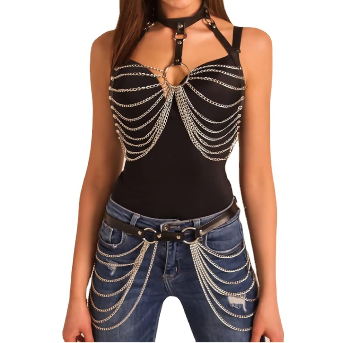 1 Satz Körperkette, Festival Outfit Damen, Gothic Schmuck, Bauchkette, Body Chain Sexy Taillenketten, Punk Leder Truhe Kette Schwarz, Geschichtet BH Ketten Mehrschichtig Körperketten Nachtclub