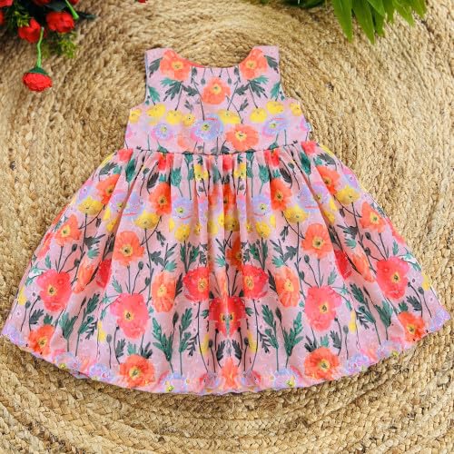 Image of Stanwells Kids Dress for Girls Heart Embroidery Pattern Knee Length Applique Kerala Ethnic Cotton Frock for Baby Girls Zipper Cap Sleeve Dress for Girls Cream & Red (6 Months - 7 Years)