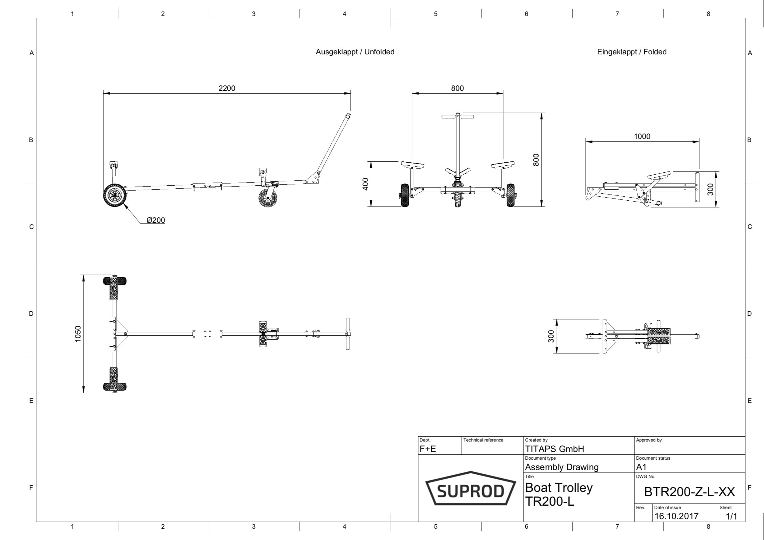 Carrello alaggio Pieghevole per Barca SUPROD TR200, PU, Ø 200 mm