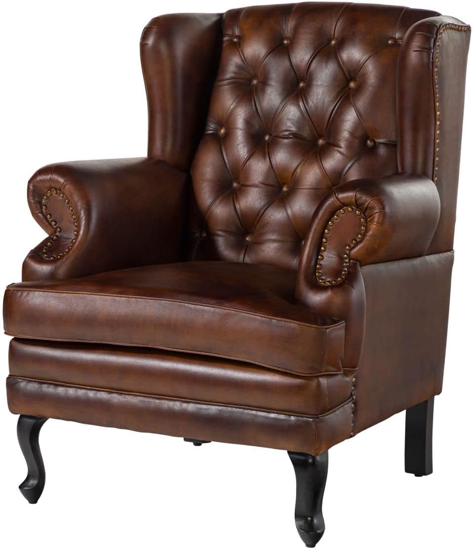 Phoenixarts Chesterfield Ledersessel Braun - Vintage Design Ohrensessel