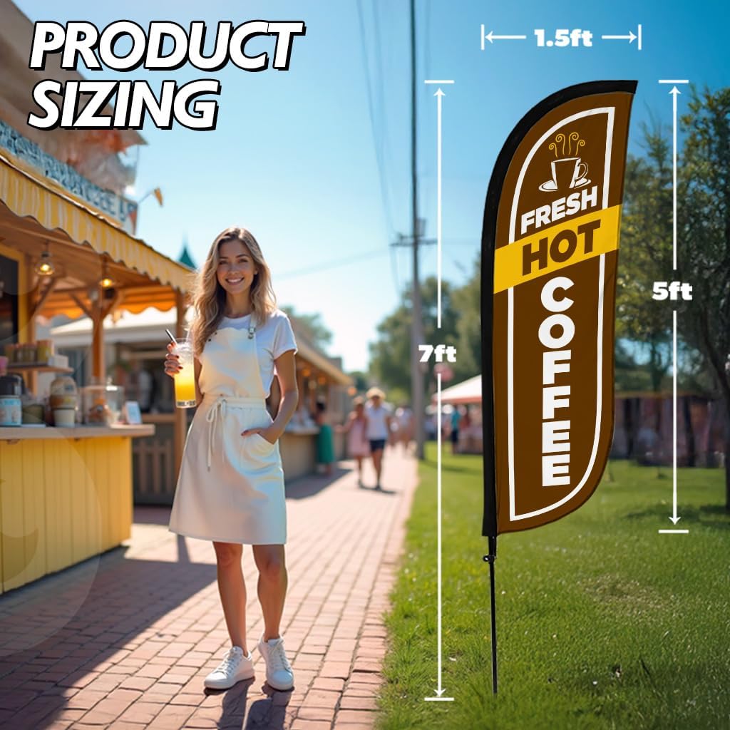 LookOurWay Feather Flag Pole Kit - 7 Feet Tall Advertising Banner with Fiberglass Pole Set and Ground Spike for Business Promotion - Food Flags - Hot Coffee Brown
