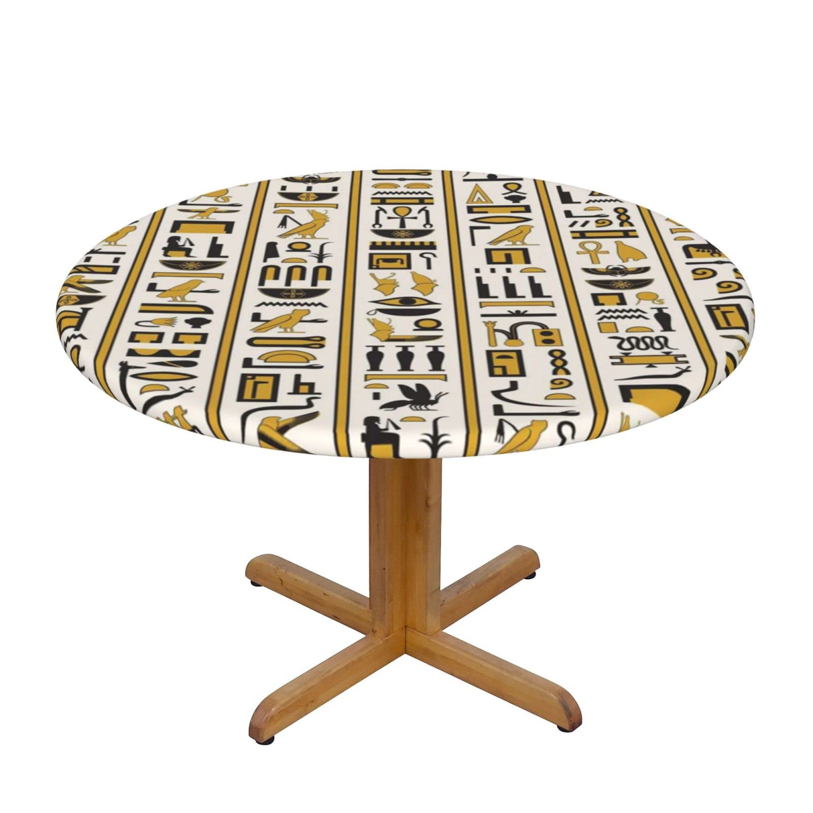 Lsjuee Round Fitted Tablecloth 45-50in Elastic Edged Table Cloth for Kitchen Dining Party Home Decor - Egyptian Hieroglyphs Yellow