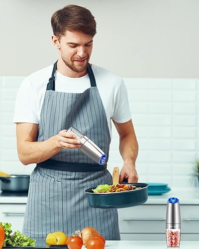 Miniatura 8 de Gravity - Juego de molinillo eléctrico de sal y pimienta, molinillo automático, funciona con pilas con grosor ajustable, acero inoxidable de alta