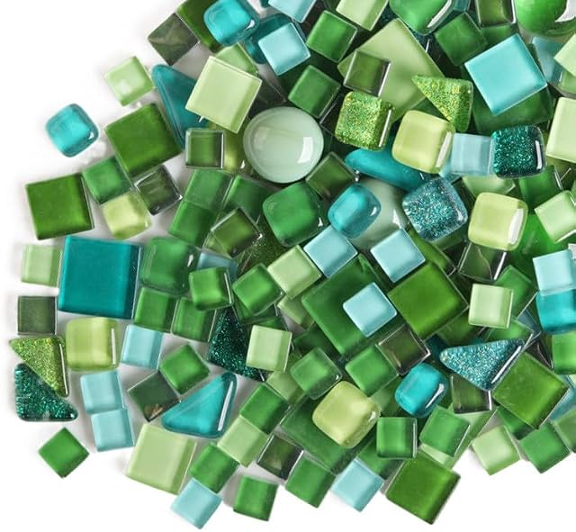200g Irregular Crystal Mosaic Glass Tiles for Crafts, Mixed Color Small Mosaic Glass Pieces DIY Hobbies Children for Home Decoration (Green)