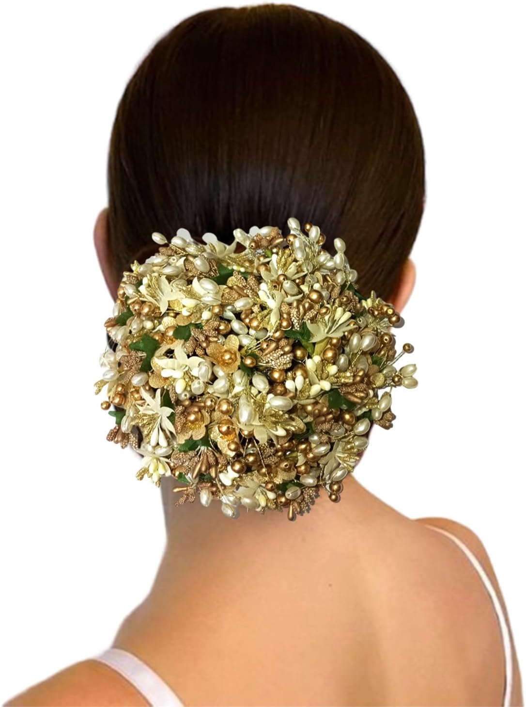 Hair Flare Gilded Floral Hair Juda Bun, Golden and Green bun adorned with glossy artificial flowers, beads, and pollen. Includes Juda pins_2828