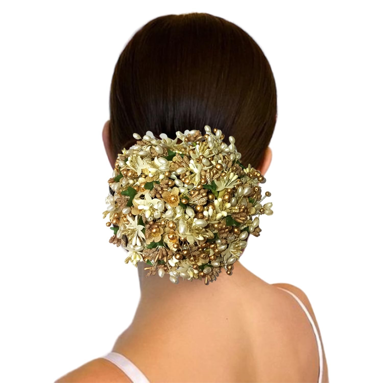Hair Flare Gilded Floral Hair Juda Bun, Golden and Green bun adorned with glossy artificial flowers, beads, and pollen. Includes Juda pins_2828