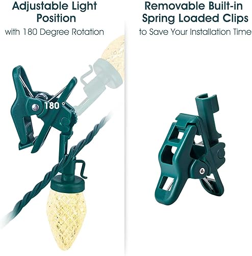 Miniatura 10 de Luces LED C9 de Navidad para exteriores, 66 pies, 100 luces LED de fresa con 100 abrazaderas de resorte, impermeable, grado comercial, extensible,