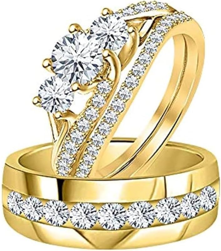14K Yellow Gold Over Round Cut White Diamond Real 925 Sterling Silver Wedding Bridal Trio Ring Set for His & Her, WUOIN-6602