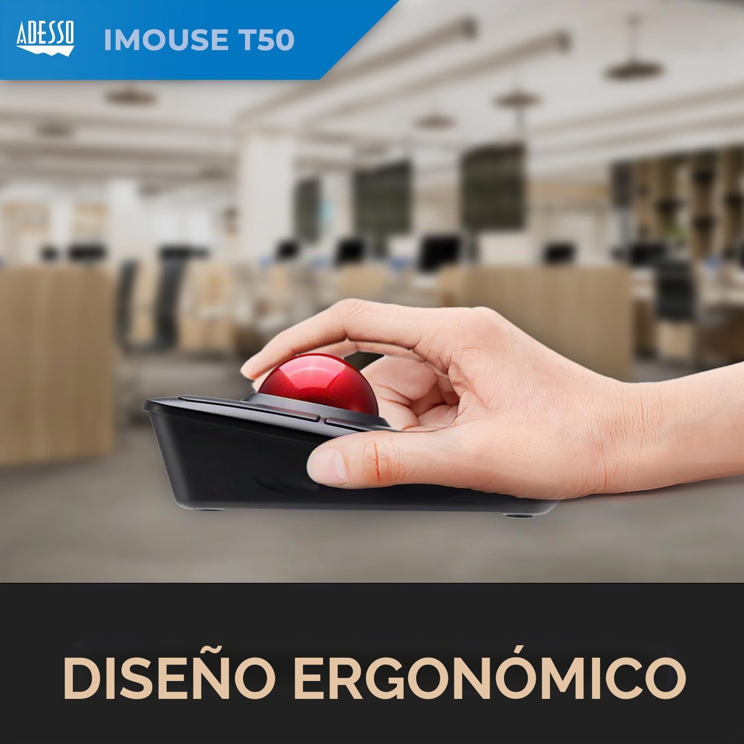 Adesso iMouse T50 - Ratón (Ambidextro, Trackball, RF Wireless, 4800 DPI, Black, Rojo)