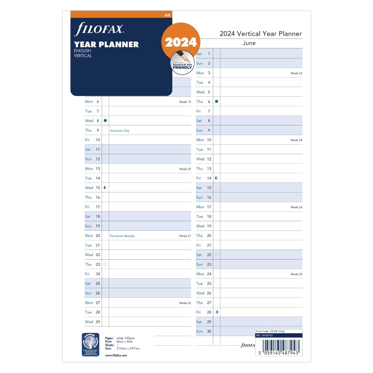 Planner annuale verticale 2024 per agenda ad anelli Filofax A4