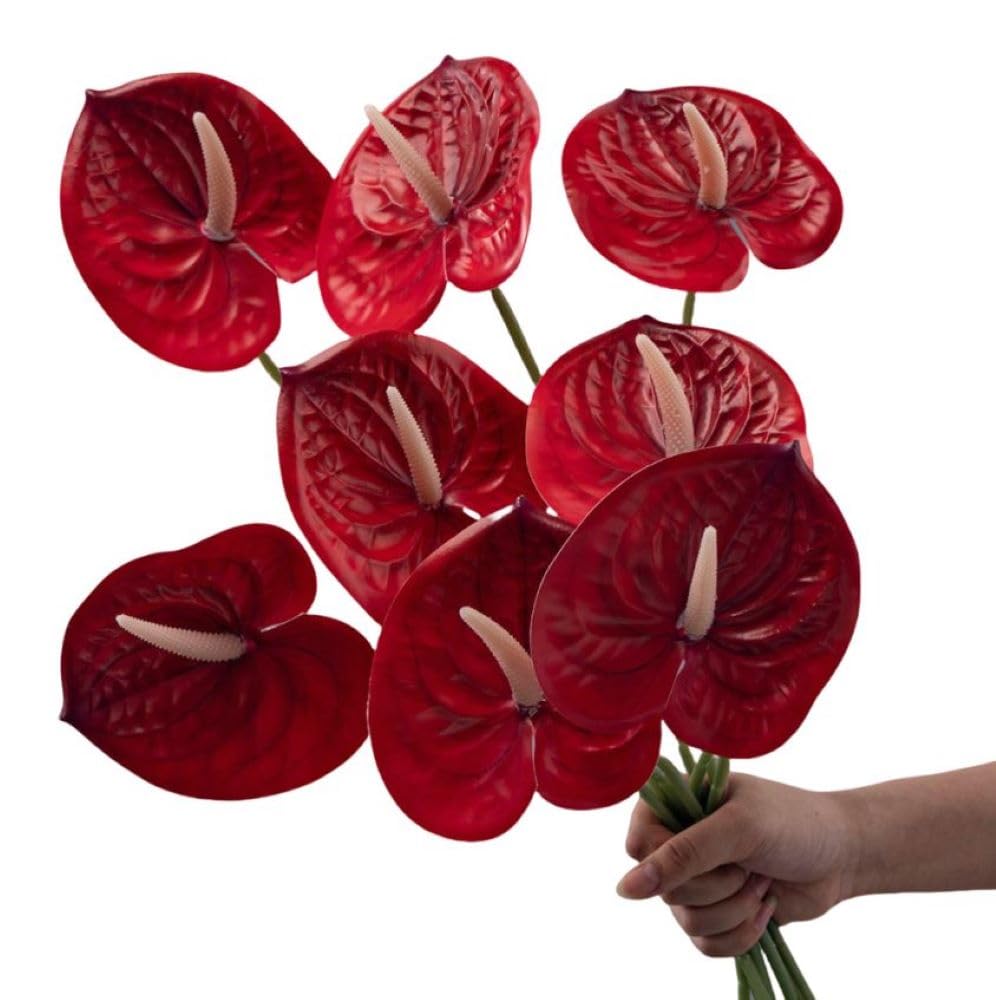Corkwaw 8 Pcs 23-5/8 inch Artificial Anthurium Flowers Real Touch Fake Flower for Table Centerpieces Arrangement and Bridal Wedding Festival Decor Flower Arrangement (Red)