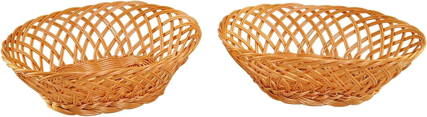 Home-X Oval Plastic Woven Wicker Basket, Bread Baskets-Table Decor and Storage, Natural-Set of 2- Light Brown-10” L x 7.5”W x 3.5” H