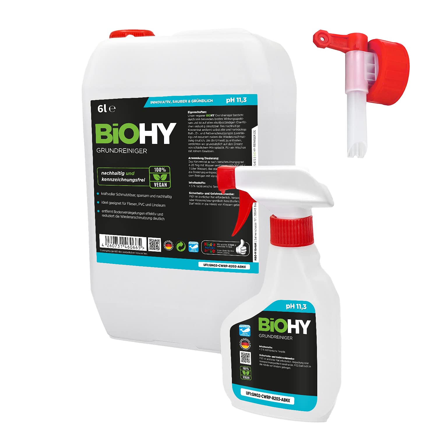 BiOHY Limpiador básico (Bidón de 6 litros) + botella pulverizadora y grifo | contra la suciedad persistente | limpia todas las superficies resistentes al agua y al ácido (Grundreiniger)
