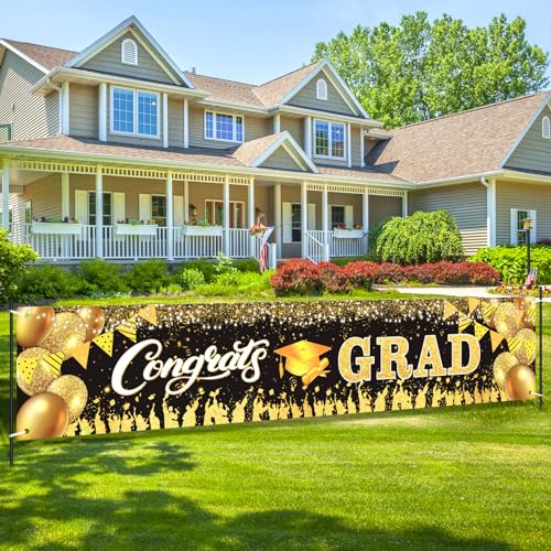 Graduation Party Decorations Banner Class of 2025 Black Gold Congrats Grad Sign Yard Banner Congratulations Graduates for 2025 Graduation Party Supplies Indoor Outdoor Decor
