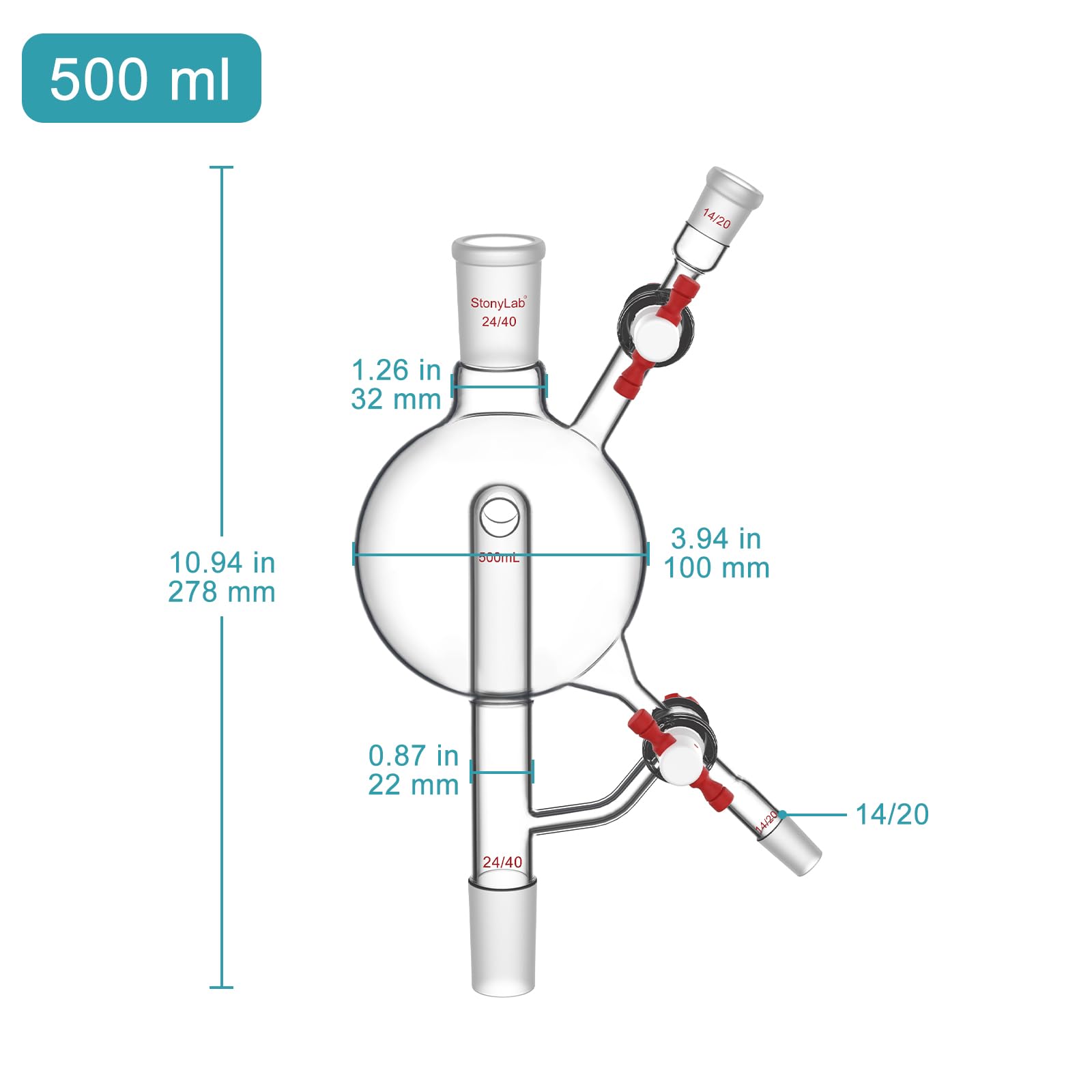stonylab Cabezal Destilación 500 ml Vidrio Borosilicato PTFE, Unión Sup/Inf 24/40, 2 Laterales 14/20, para Secado, Reflujo y Recolección Laboratorio