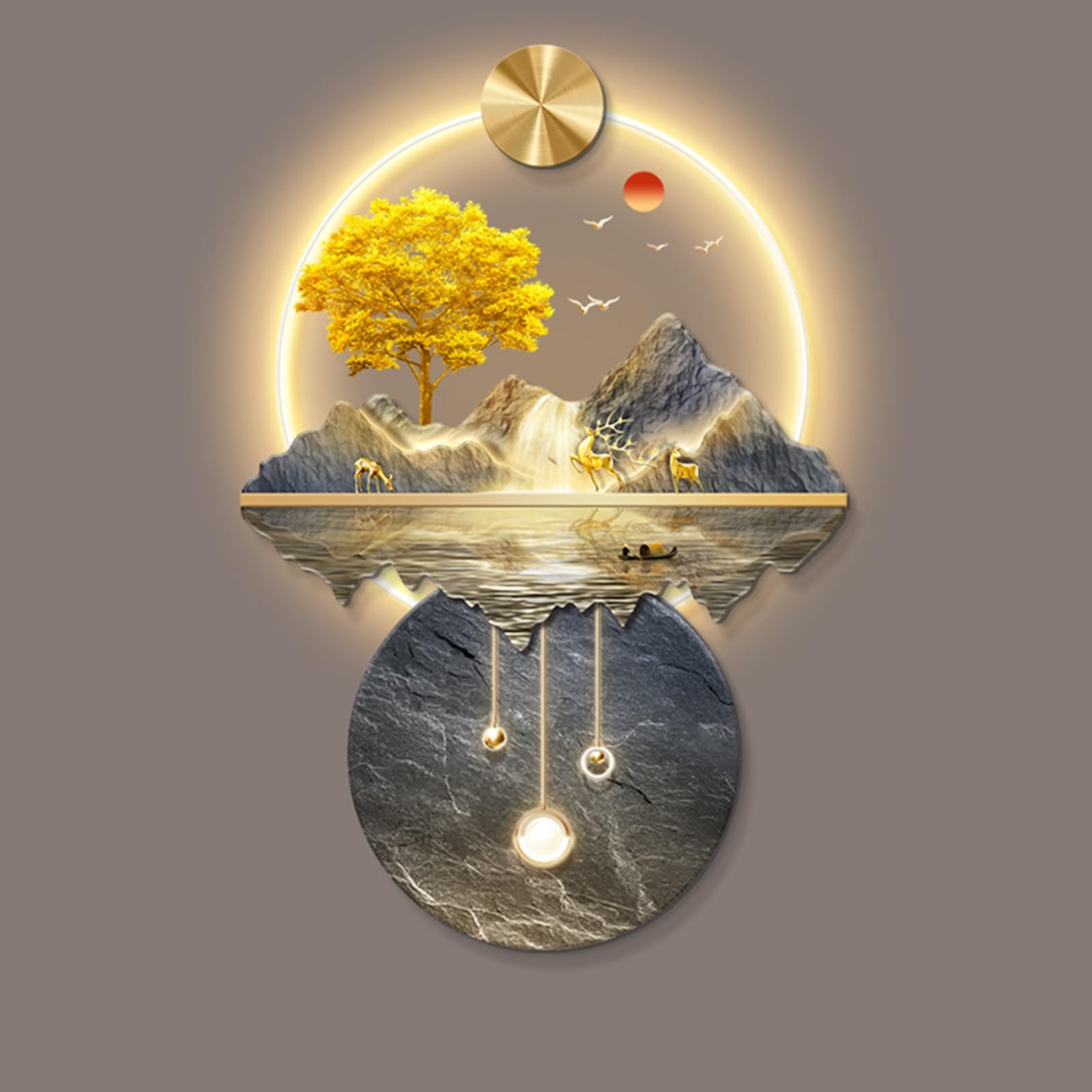 Decoración de arte de pared 3D, mural 3D con luz, escultura de pared con luz LED, arte de pared con luz decorativa, decoración del hogar, pintura de paisaje decorativa con luz LED(P,70*105cm/27.5*41.3