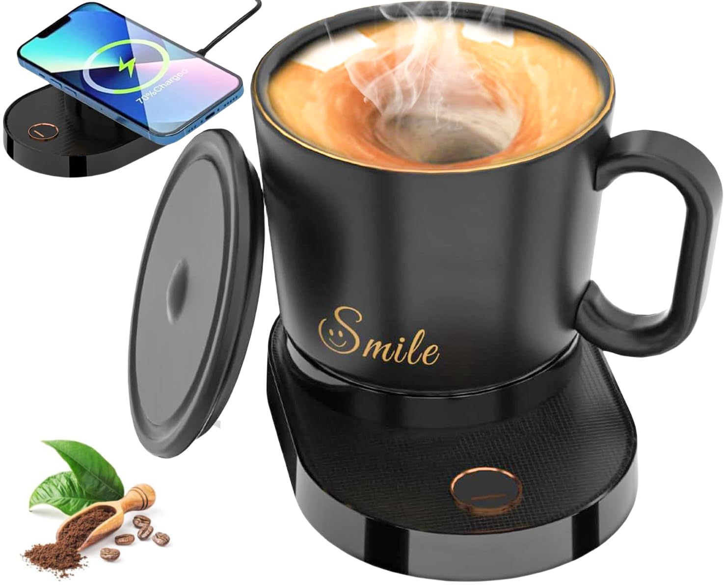 ZONSUSESmart Office Coffee Cup,Self Stirring Mug with Warmer,Qi Wireless Charger Induction Heating Pad,Temperature Control Up to 55°C/131°F,for Office Home Desk Phone Wireless Charging 300ml (Black)