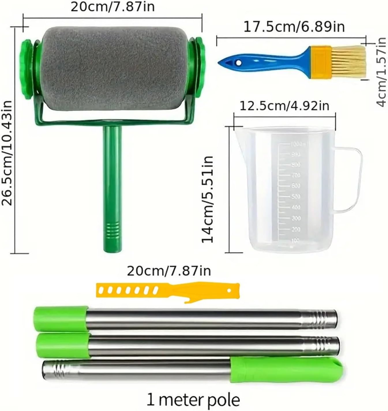 7-in-1 Multi-Purpose Paint Roller Brush Set,1000ml Measuring Cup,1m Extendable Pole, DIY Painting Tools